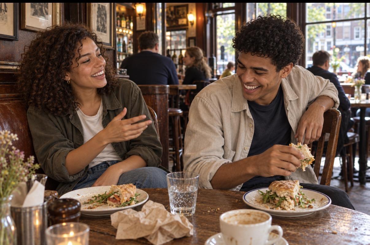 Twee vrienden lachen tijdens een lunch in een Amsterdams café